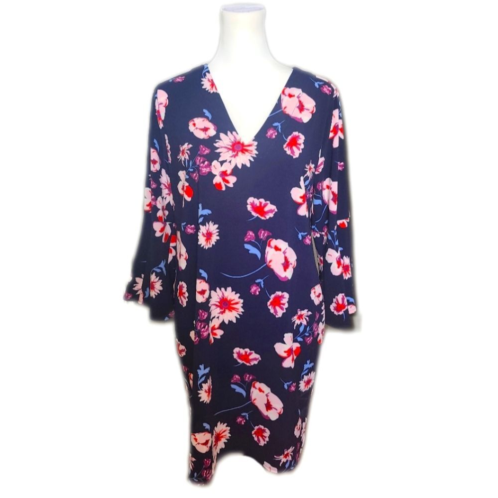 Mudpie Mila V-neck Bell Sleeve Mini Dress, Navy Blue Pink Red Floral, Small